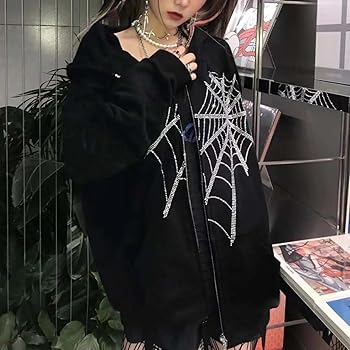 Amazon.com: Women Goth Spider Web Zip Up Hoodie Y2K Alt Emo
